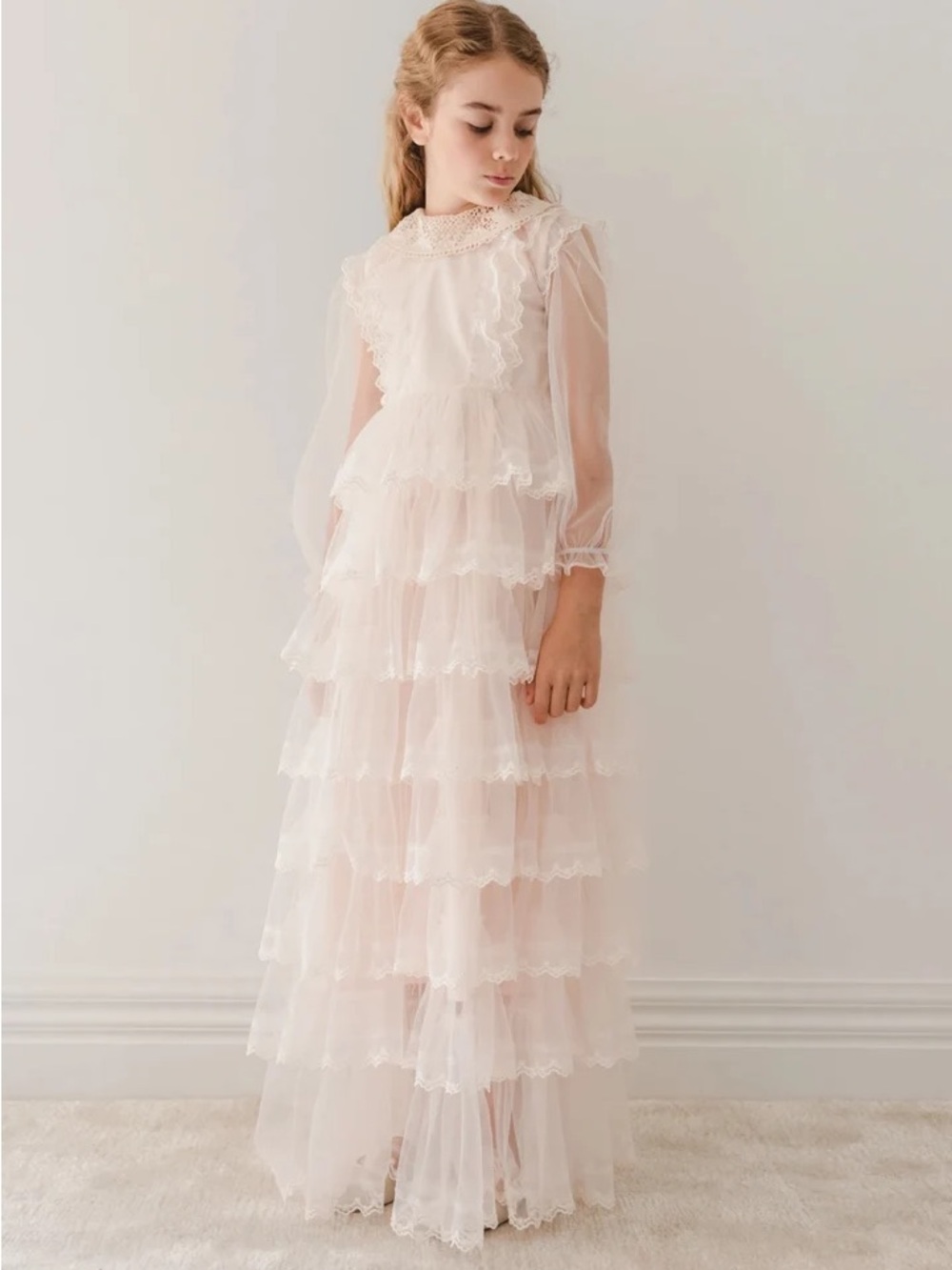 Girls Petite Amalie  sheer petal crochet collar tulle gown